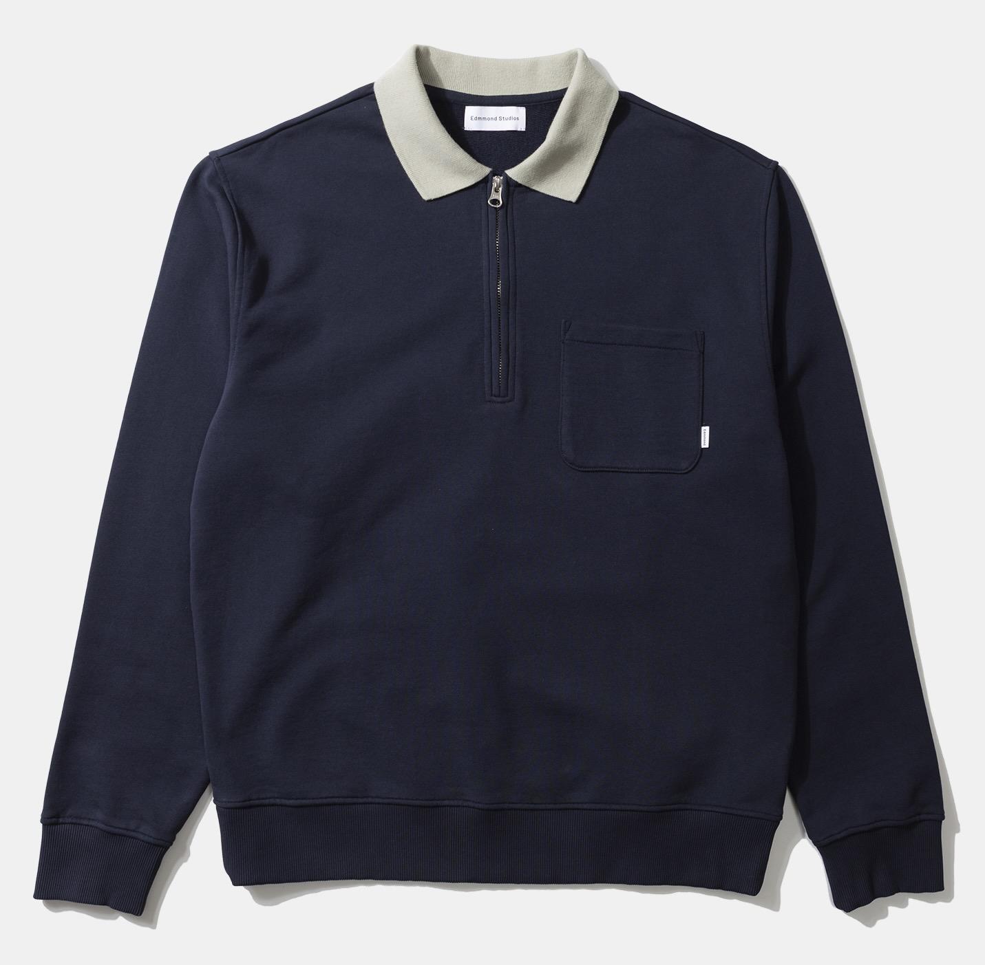 Edmmond Studios Temple Quarter Zip Polo Sweatshirt Plain Navy Mint